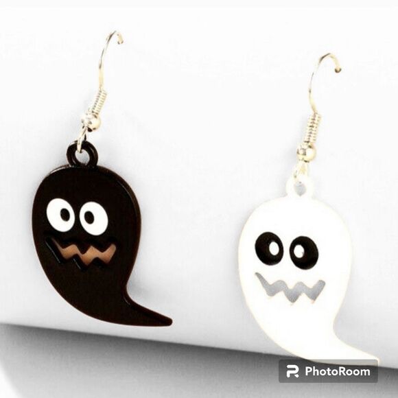 Halloween Mismatched Earrings - Black and White Ghost Dangle Earrings - 1.25" L - Picture 1 of 6
